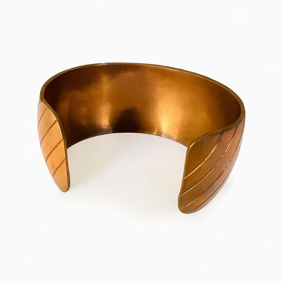 Navajo Copper Cuff Wide Bracelet by Denet Chee – Etched Diagonal Design - Picture 5 of 8